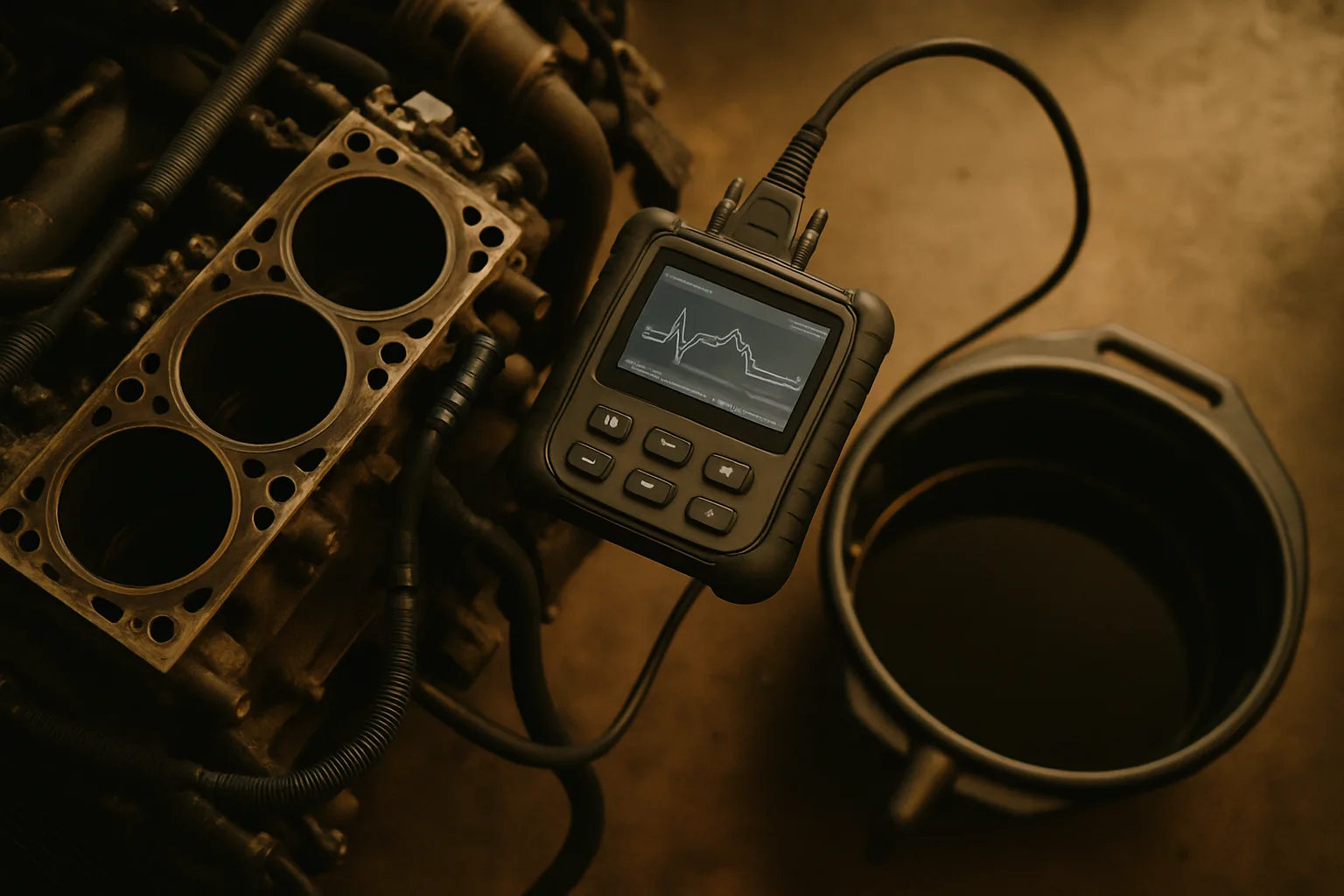Engine diagnostics equipment connected to vehicle engine