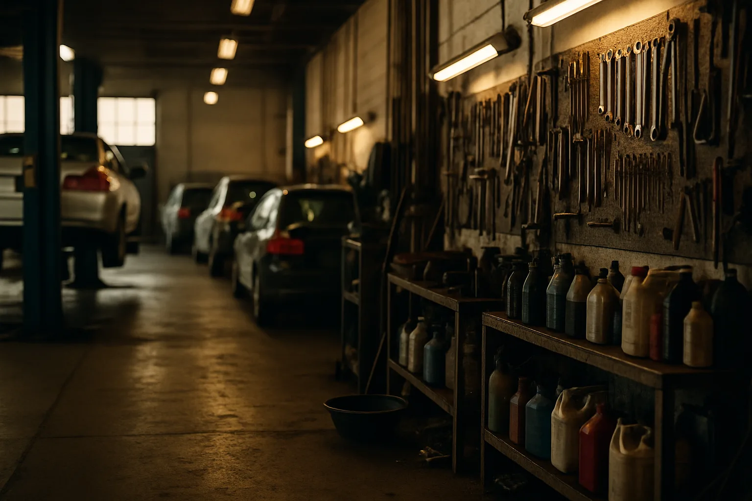 Full view of organized automotive repair workshop interior